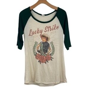 Liberty Wear Raglan Tunic Womens Large Cream Green Lucky Strike Short Sleeve Tee